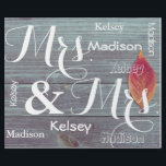 Mrs & Mrs Wedding/Anniversary Personalised Names Wrapping Paper<br><div class="desc">A beautiful fall image of a wooden fence and Autumn leaf.  Mrs. & Mrs. in large cursive print with first name personalisation.  This beautiful linen gift wrap can then be reused by the couple in many different ways for years to come!</div>