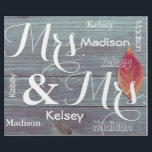 Mrs & Mrs Wedding/Anniversary Personalised Names Wrapping Paper<br><div class="desc">A beautiful fall image of a wooden fence and Autumn leaf.  Mrs. & Mrs. in large cursive print with first name personalisation.  This beautiful linen gift wrap can then be reused by the couple in many different ways for years to come!</div>
