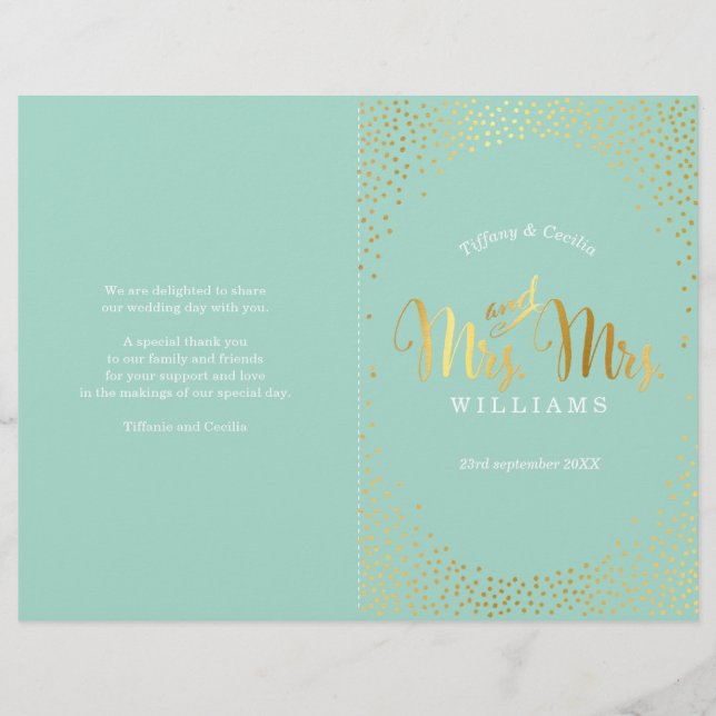 MRS & MRS WEDDING PROGRAM gold confetti mint (Front)