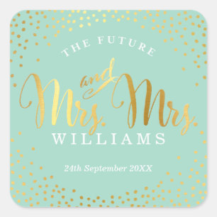 MRS & MRS WEDDING SEAL stylish gold confetti mint