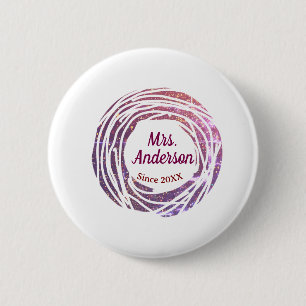 Mrs name pink mauve border since year wedding brid 6 cm round badge