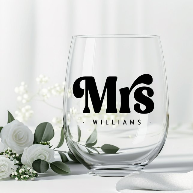 Mrs namer any colour retro font wedding stemless wine glass (Mrs namer any color retro font wedding stemless wine glass)