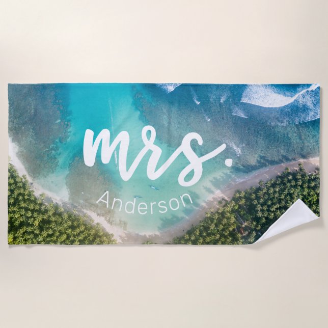 Mrs. Newlywed Beach Photo Bride Personalised Beach Towel (Front)