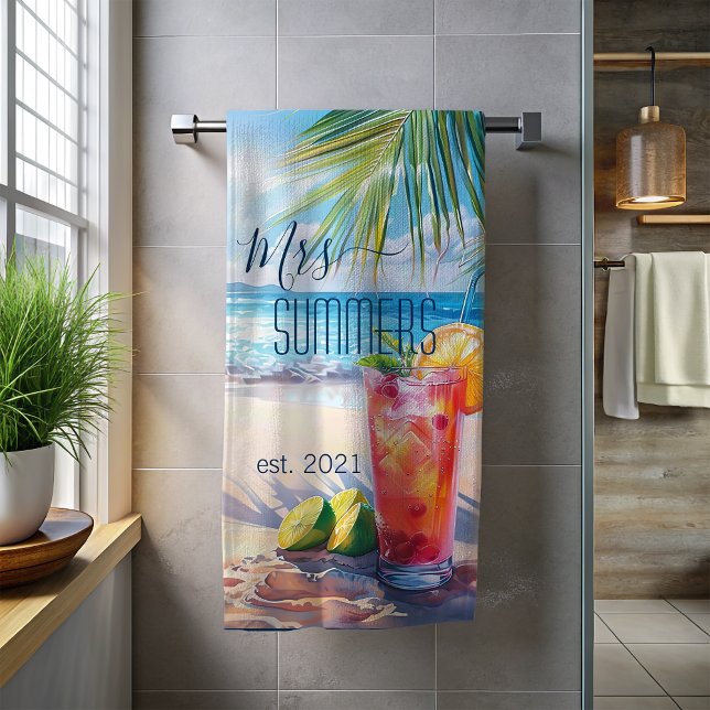 Mrs Newlywed Bride Monogram Cocktail Seascape Beach Towel (Creator Uploaded)