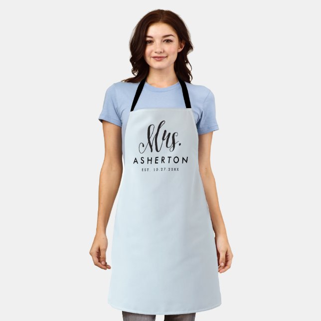 Mrs newlywed bride personalised blue apron (Worn)