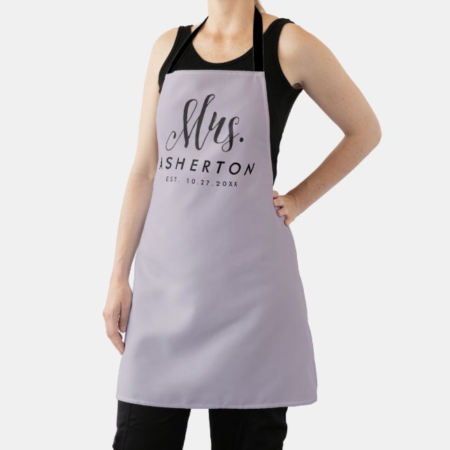 Mrs newlywed bride personalised lilac purple apron (Insitu)