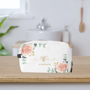 Mrs newlywed rose gold floral greenery dopp kit
