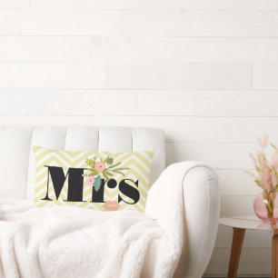 Mrs. Pale Yellow White Teal Zig Zag Lumbar Cushion