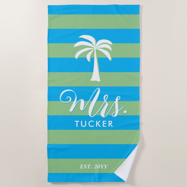 Mrs. Palm Tree Beachy Blue Green Wedding Gift Beach Towel (Front)