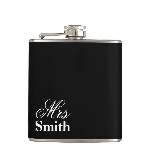 Mrs Personalised Name White Black Hip Flask (Front)