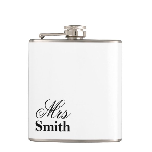 Mrs Personalised Name White Black Hip Flask (Front)