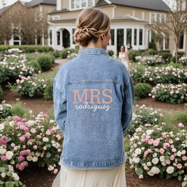 Mrs Pink Letters Personalised Elegant Bride Denim Jacket (Wedding Back)