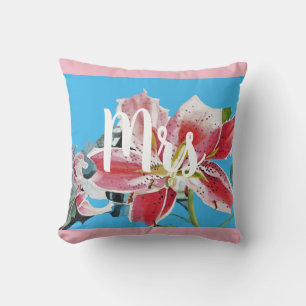 Mrs Pink Lily floral Wedding Decor Cushion