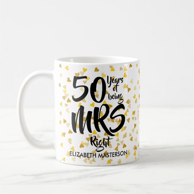 Mrs Right 50th Anniversary Gold Hearts Confetti Coffee Mug (Left)
