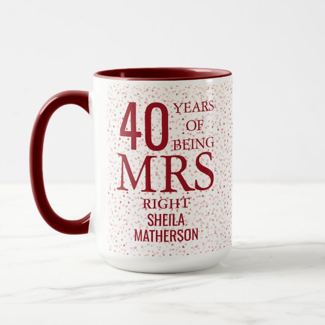 Mrs Right Fun 40th Wedding Anniversary Ruby Hearts Mug (Left)
