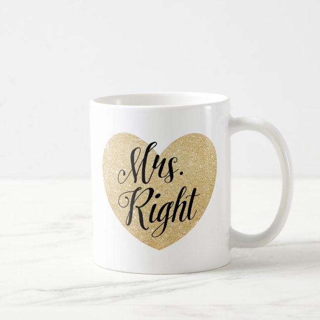 Mrs. Right glitter golden heart personalised Coffee Mug (Right)