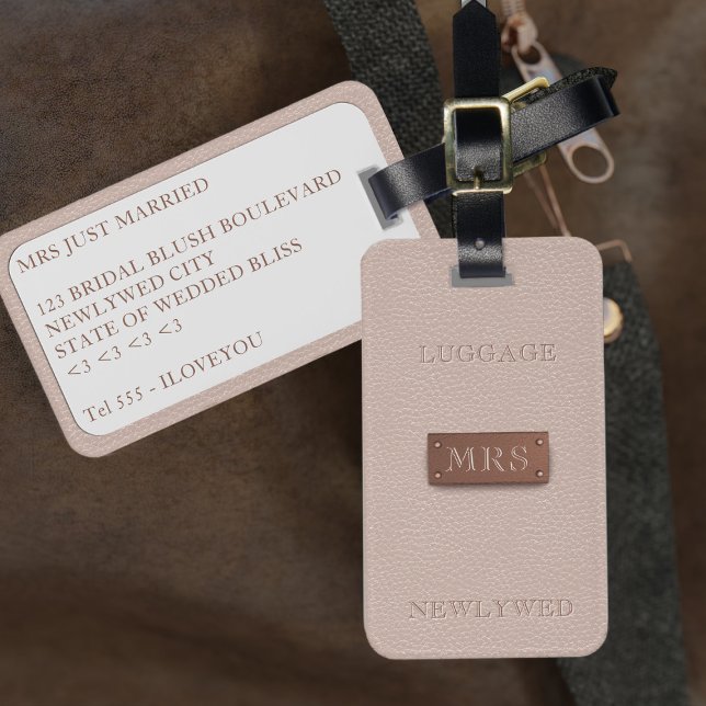 Mrs Rose Gold Bridal Blush Luggage Tag (Monogrammed Rose Gold Bridal Blush Luggage Tag with space for your name)