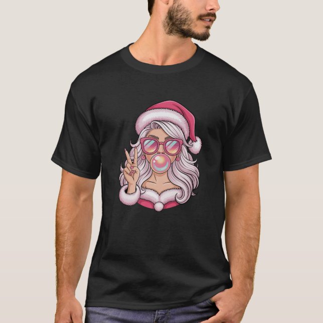 Mrs Santa Blowing Bubble Funny Pink Christmas Xmas T-Shirt (Front)