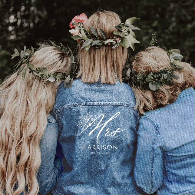 Mrs Script Bride's Name & Wedding Date Floral Denim Jacket (Mrs Script Bride's Name & Wedding Date Floral Denim Jacket)
