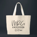 Mrs script typography wedding large tote bag<br><div class="desc">Script text mrs typography wedding gift. Modern,  graphic design. Ideal for bachelorette party,  bridal shower parties,  wedding dat attire,  wedding gift or honeymoon.</div>