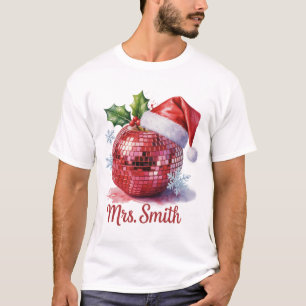 Mrs. Smith Personalised Disco Ball Santa Hat Xmas T-Shirt