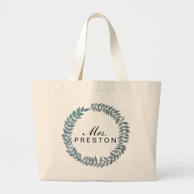 Mrs. Steel Blue Vine | Watercolor Wreath Large Tote Bag (Front)