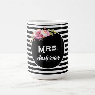 Mrs. Surname Last Name Black White Stripes Flowers Coffee Mug