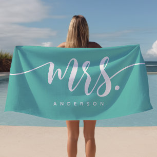 Mrs Teal And White Newlywed Bride Personalised Beach Towel
