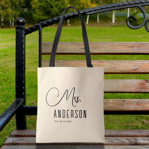 mrs text with custom surname and date Tote