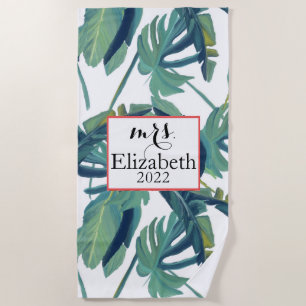 Mrs tropical leaf & typography beach towel