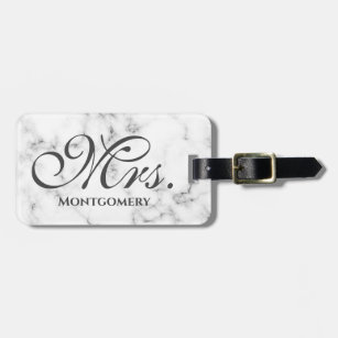 Mrs. White Marble Script Monogrammed Name Luggage Tag