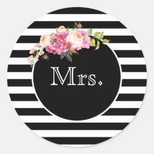 Mrs. with Black & White Stripes and Flowers Classic Round Sticker