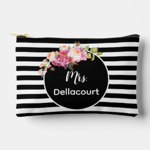 Mrs. with Black & White Stripes and Flowers Custom Accessory Pouch