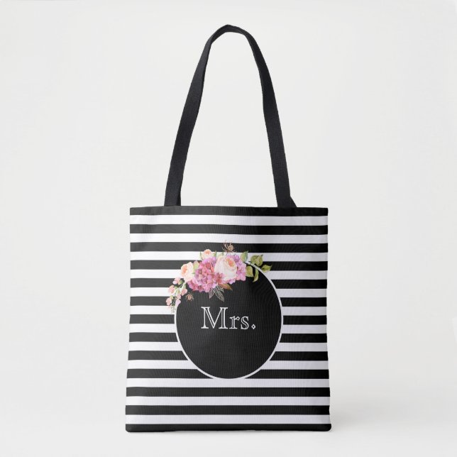 Mrs. with Black & White Stripes and Flowers Tote Bag (Front)