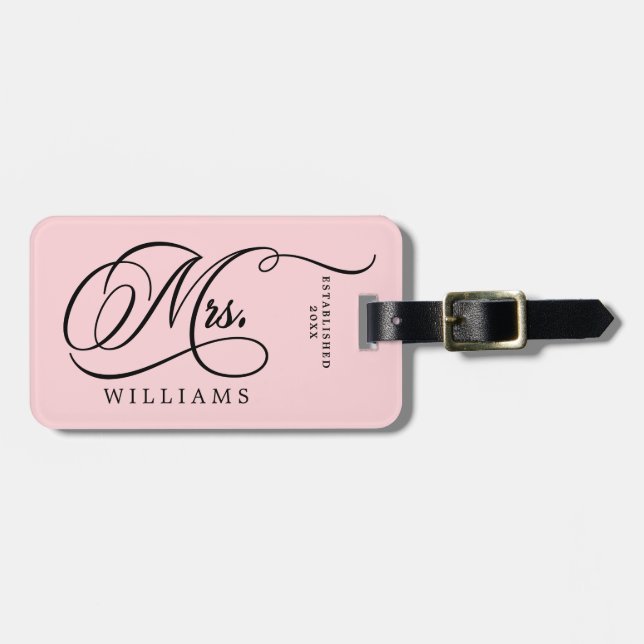 Mrs. Year Established Newlyweds Calligraphy Luggage Tag (Front Horizontal)