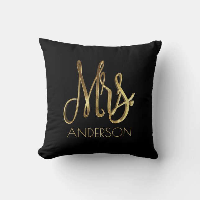 Mrs. Your Name Gold Look Typography Elegant Script Cushion (Front)