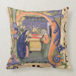 Ms 571 f.6r Historiated initial 'H' depicting the Cushion