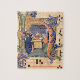 Ms 571 f.6r Historiated initial 'H' depicting the Jigsaw Puzzle