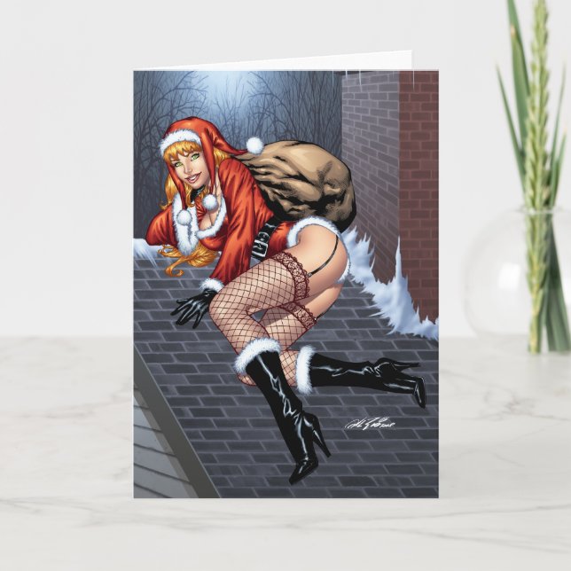 Ms Claus On The Rooftop Delivering Santas Presents Holiday Card (Front)