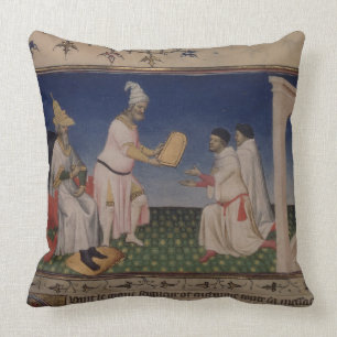Ms Fr 2810 f.3v Kublai Khan (1214-94) giving his g Cushion