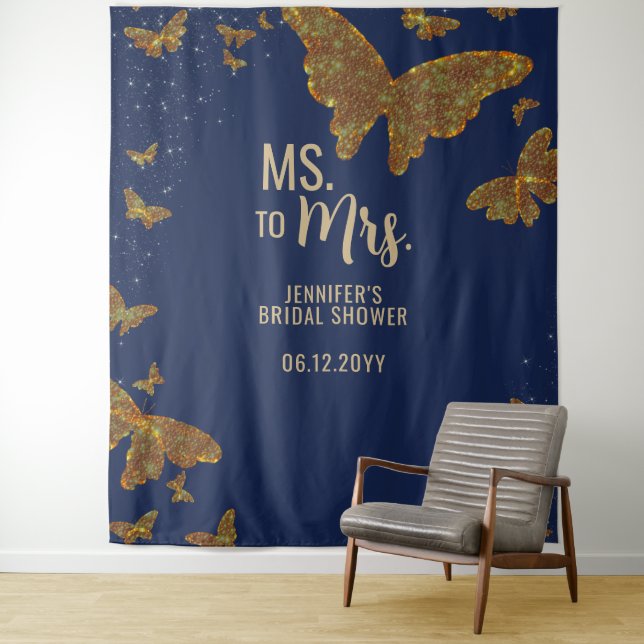Ms Mrs Boho Gold Butterfly Navy Bridal Backdrop Tapestry (In Situ)