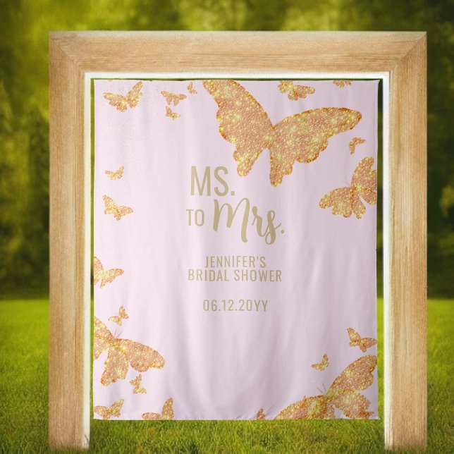 Ms Mrs Boho Gold Butterfly Pink Bridal Backdrop Tapestry (Creator Uploaded)