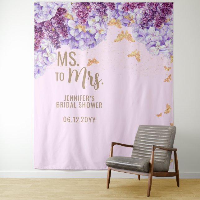 Ms Mrs Floral Arch Butterfly Pink Bridal Backdrop Tapestry (In Situ)