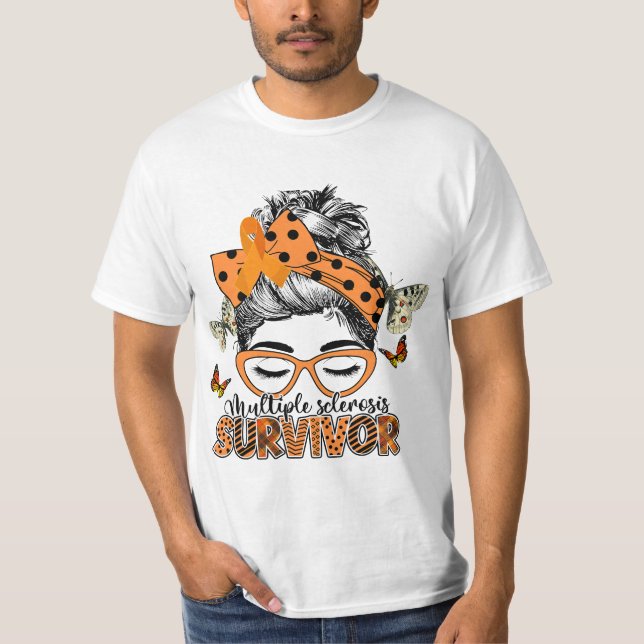 MS Survivor Messy Bun Multiple Sclerosis Awareness T-Shirt (Front)