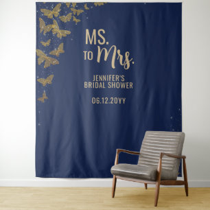 Ms to Mrs Gold Butterfly Navy Bridal Backdrop Tapestry