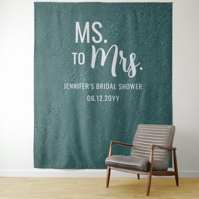 Ms to Mrs Modern Green Bridal Shower Backdrop Tapestry (In Situ)