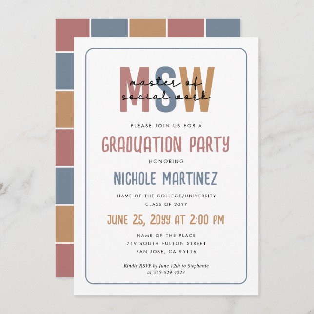 MSW Master of Social Work Graduation Invitation (Front/Back)
