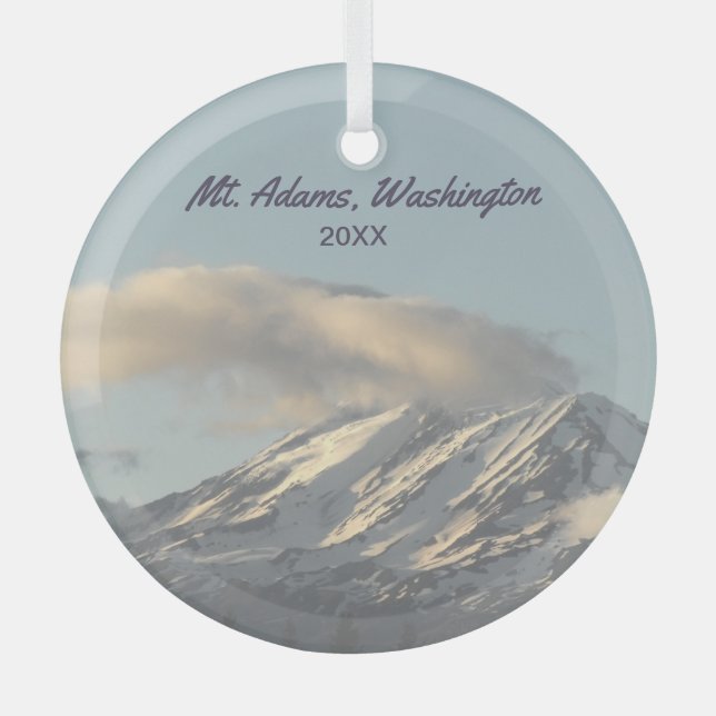 Mt. Adams Washington with Cloud Photo Glass Tree Decoration (Front)