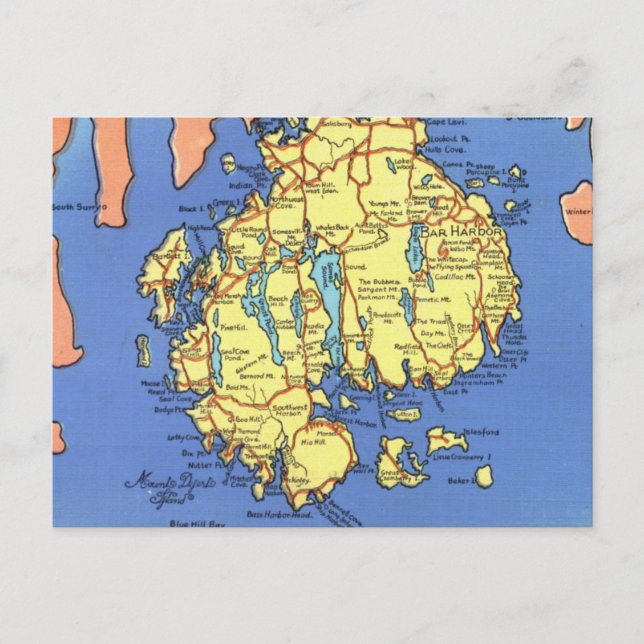 Mt Desert Island Vintage Map Postcard  (Front)