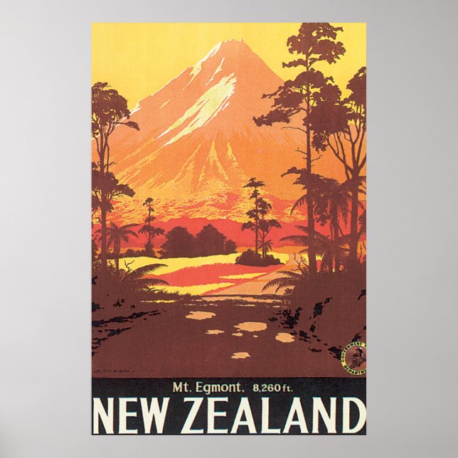 Mt. Egmont New Zealand Vintage Travel Poster (Front)